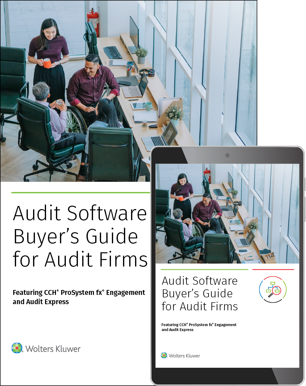 Image of Audit Software Buyer's Guide for Audit Firms PDF cover, also shown on tablet