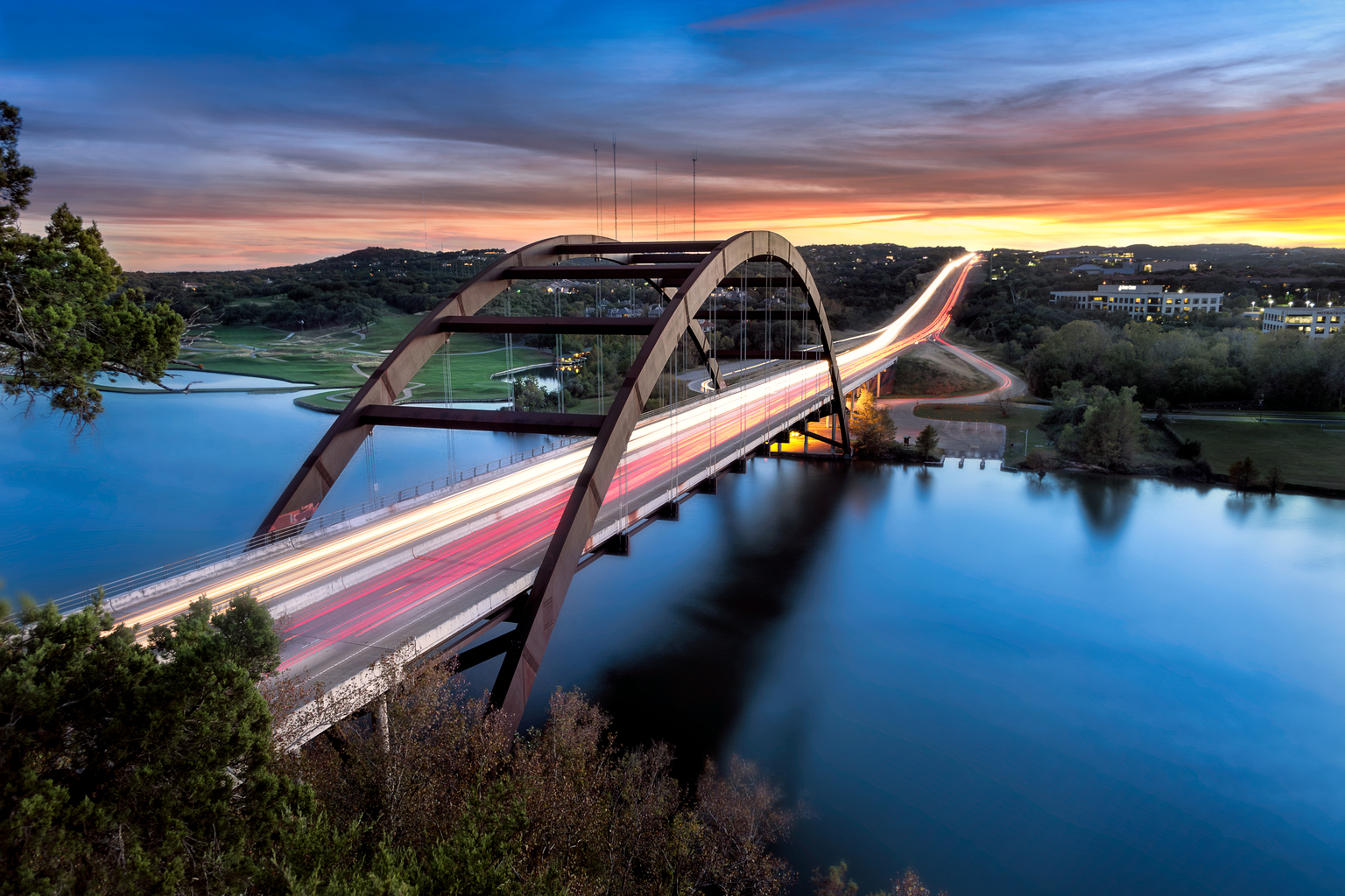 Photography image of bridge with red and yellow light, trails, austin texas, Q3 2021, TAA NA - Preparer