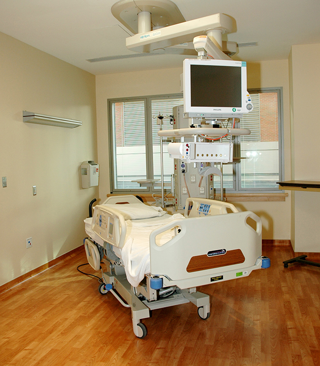 Hospital room with bed and equipment
