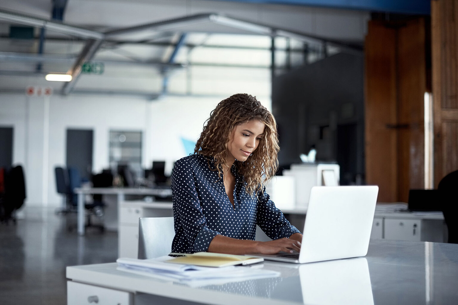 A young business woman uses TeamMate on a laptop in her office.