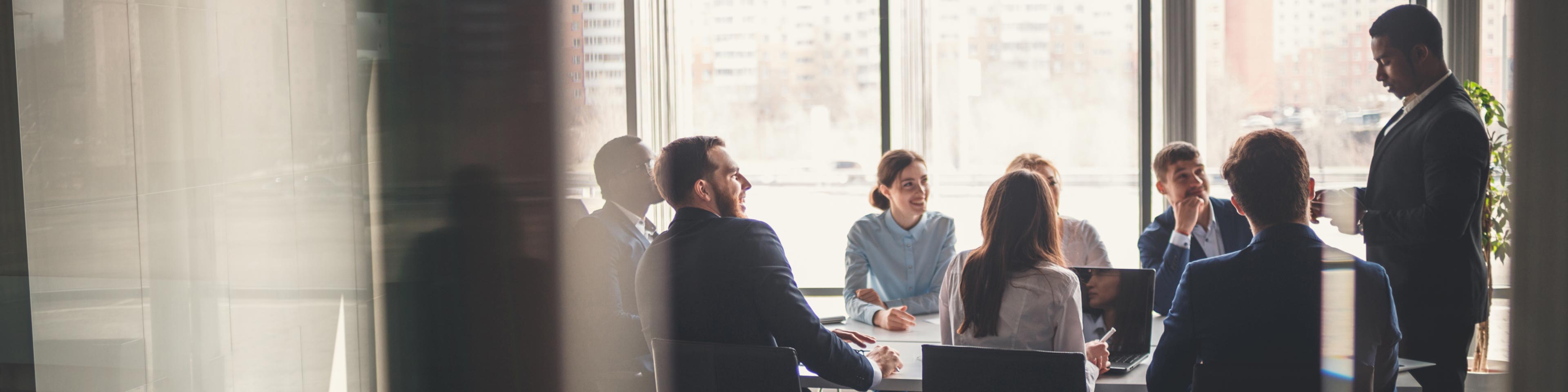 one businessperson presenting to 7 people sitting around a conference table