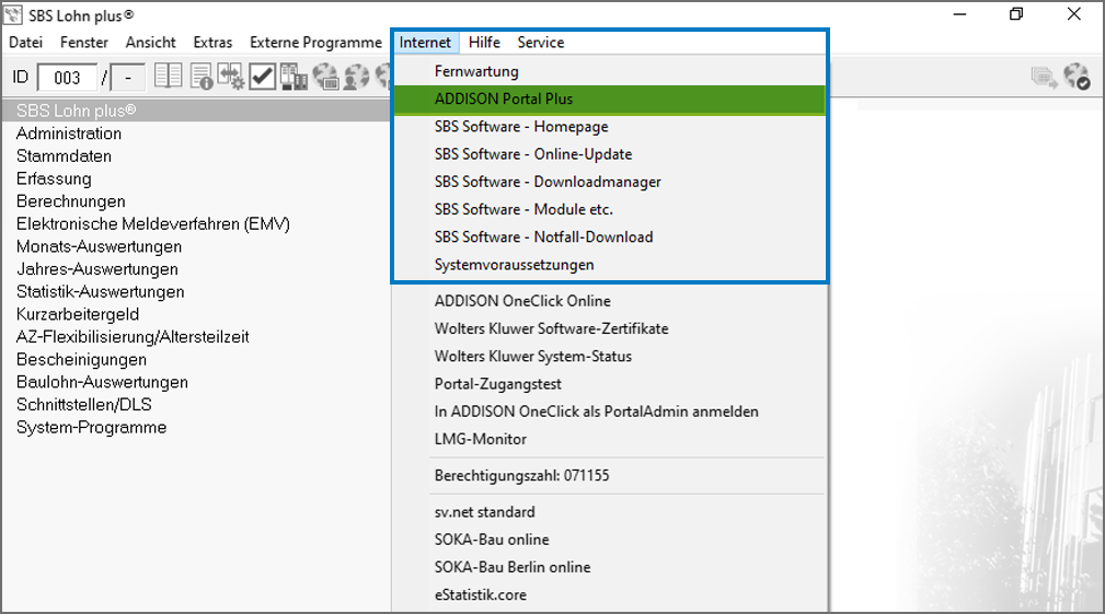 Screenshot ADDISON Portal Plus in ADDISON Handwerk in SBS
