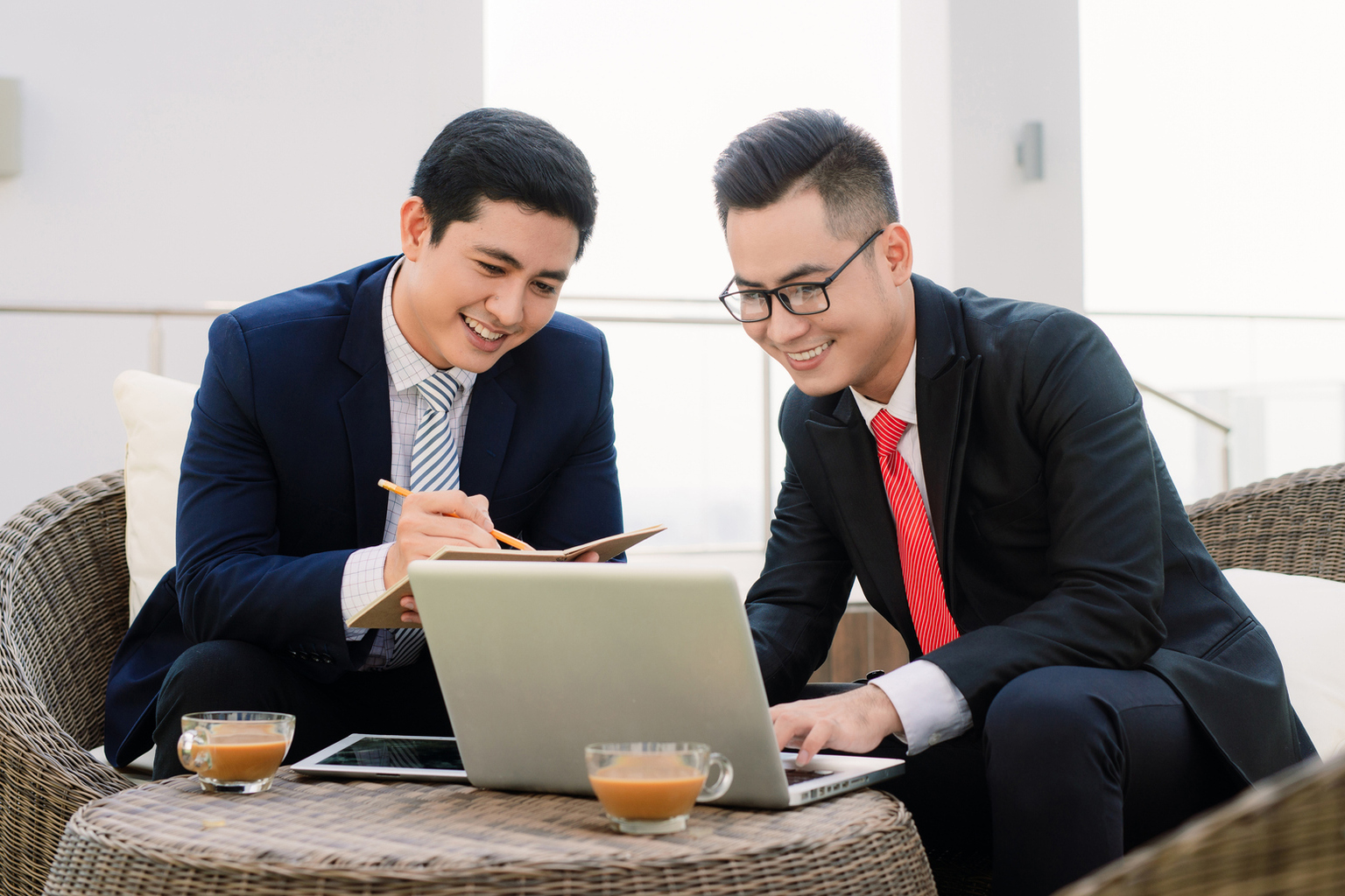 Cheerful smart businessmen discussing their project