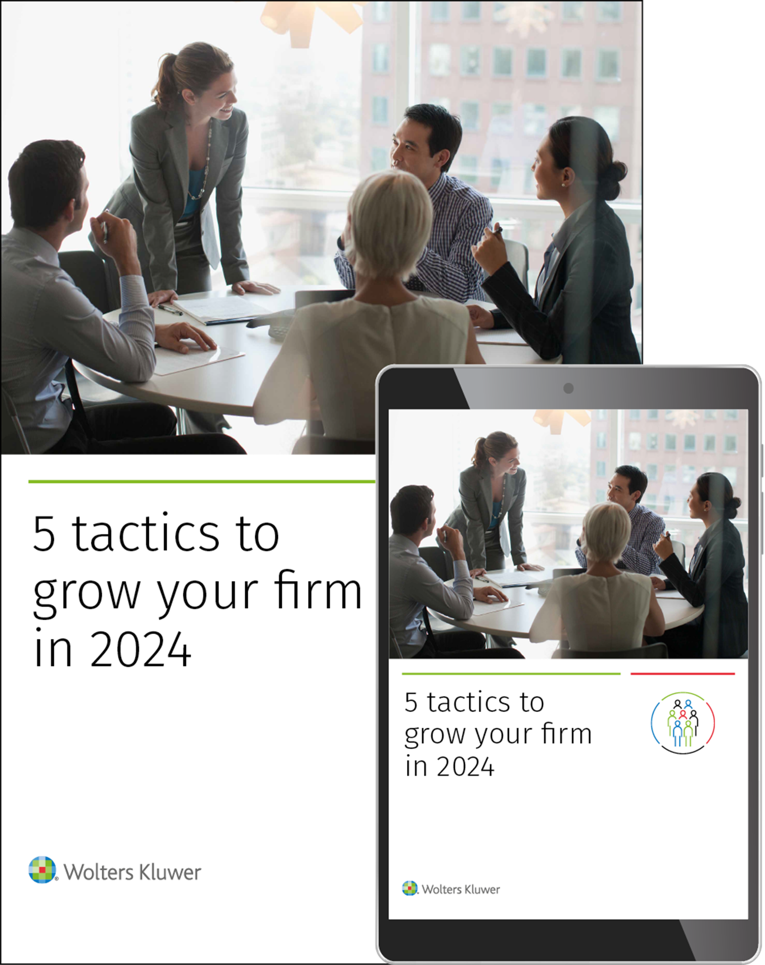 CCH iFirm 5 tactics to grow your firm in 2024 cover shown as if a print out and on a tablet screen