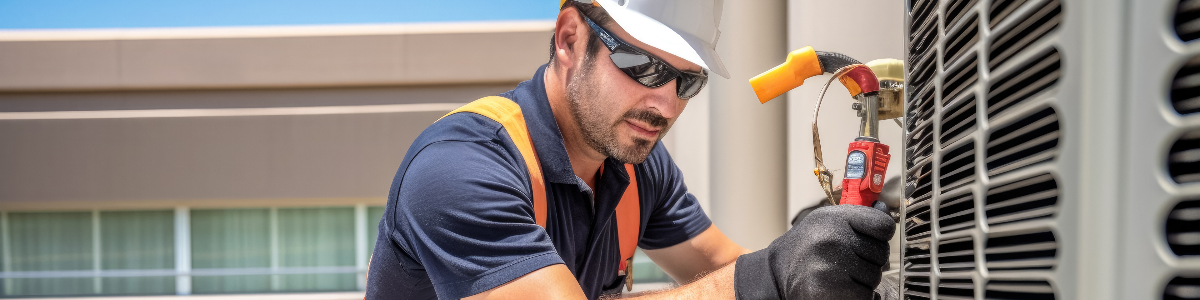 Technician working on air conditioning outdoor unit on hot sunny day