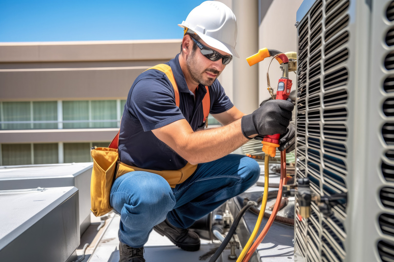 Technician working on air conditioning outdoor unit on hot sunny day