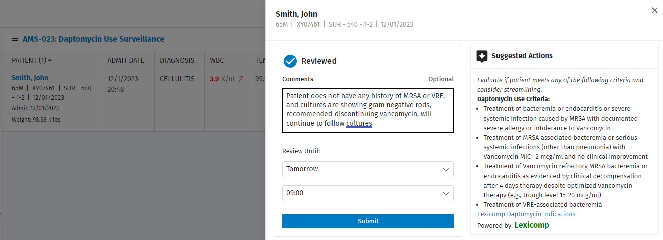 Sentri7’s patient review process and Suggested Actions.