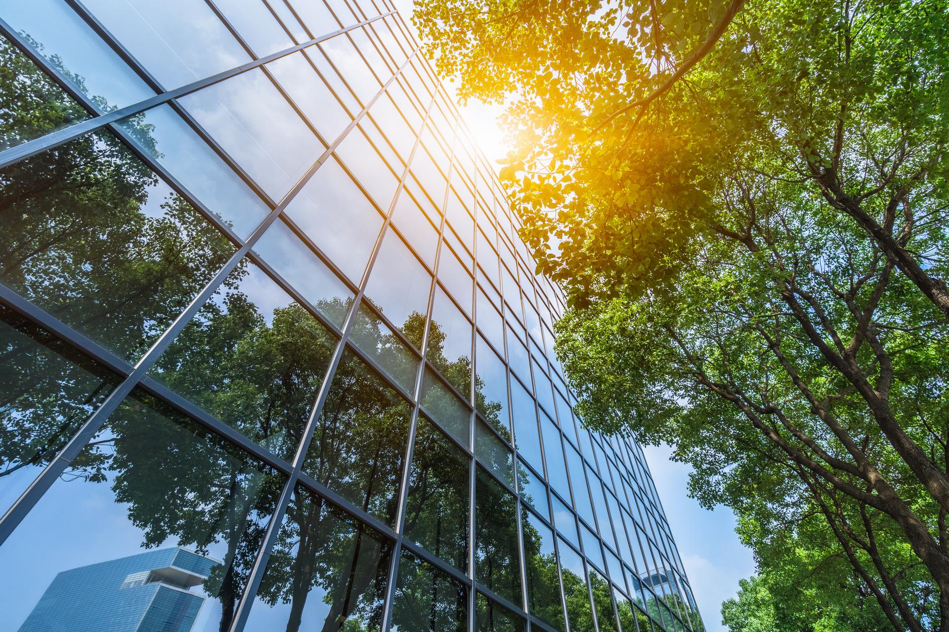 an office building with trees