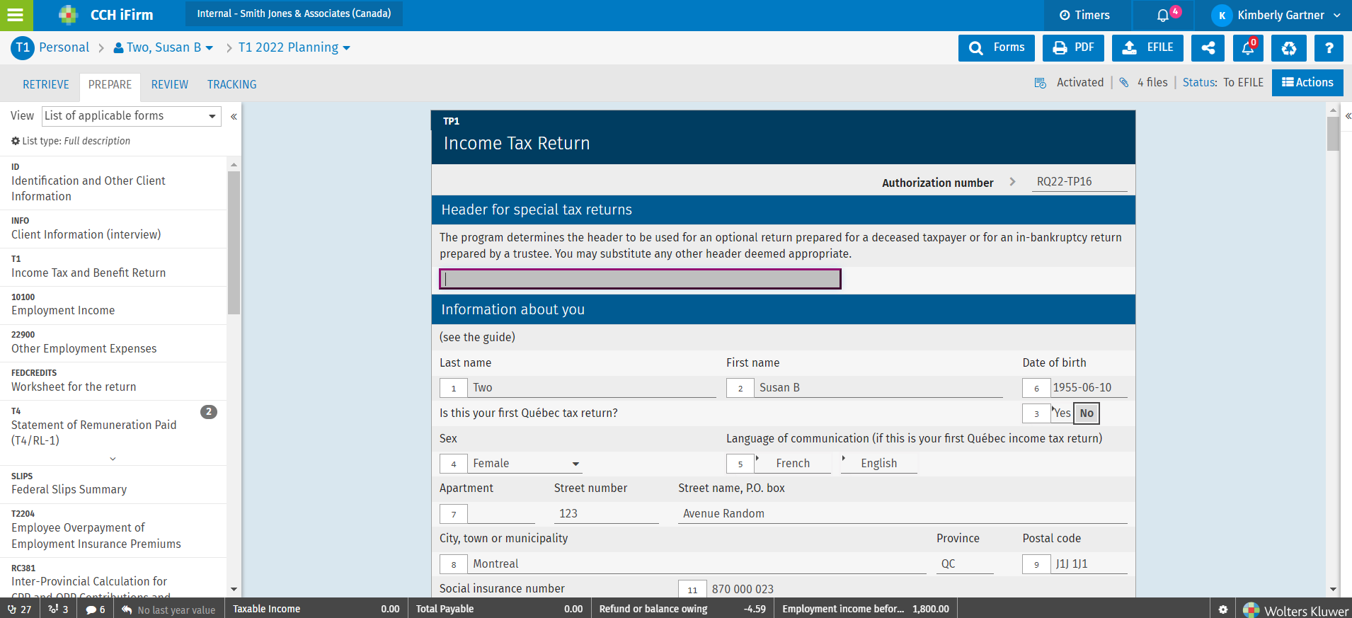 Screenshot of CCH iFirm Essentials bundle TP1 Quebec