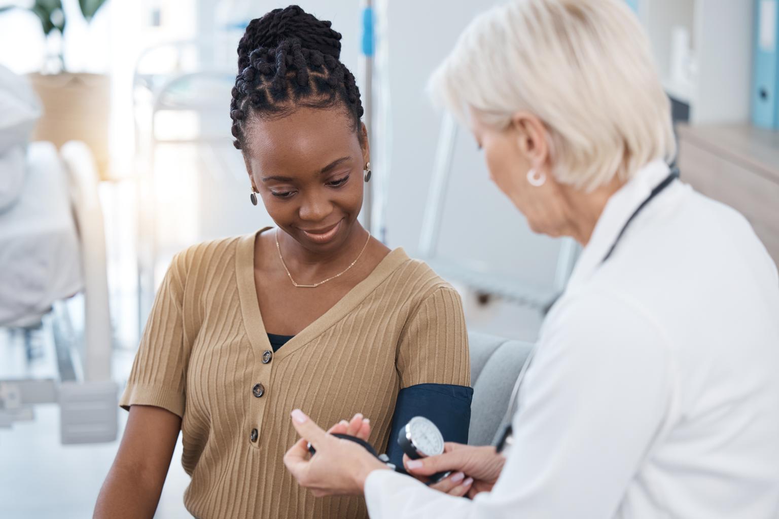 Medical worker check patient arm pulse, test and heart wellness of diabetes results