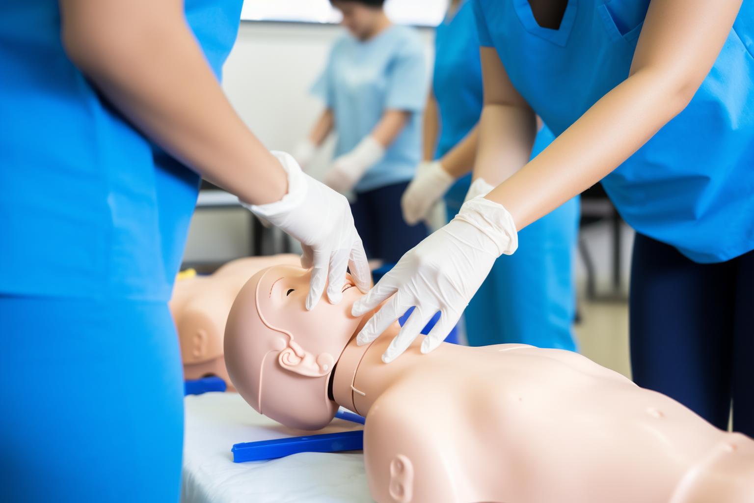 Nursing students practicing resuscitating on CPR Manikin