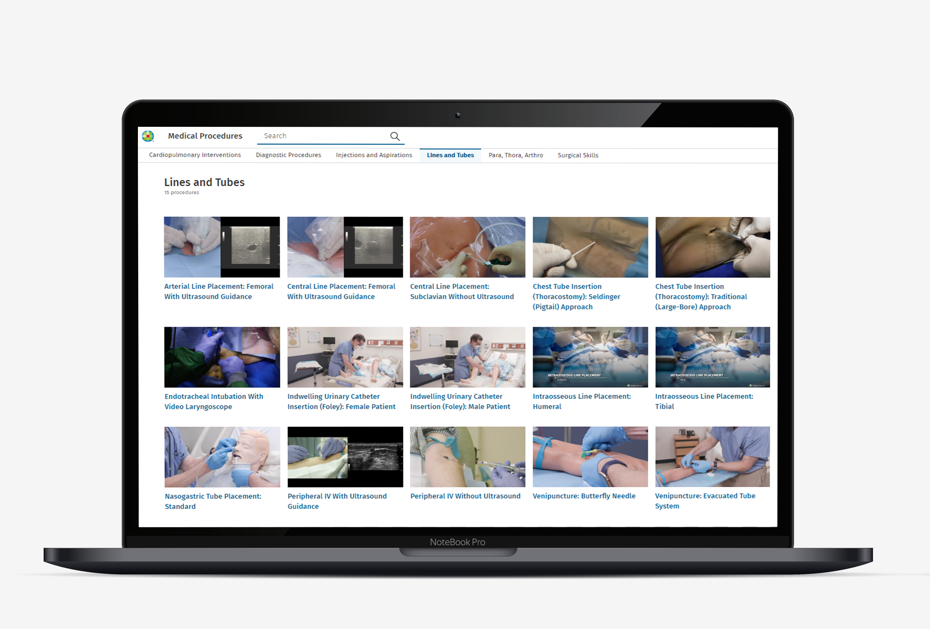 A user searching Lippincott Medical Procedures for videos about lines and tubes