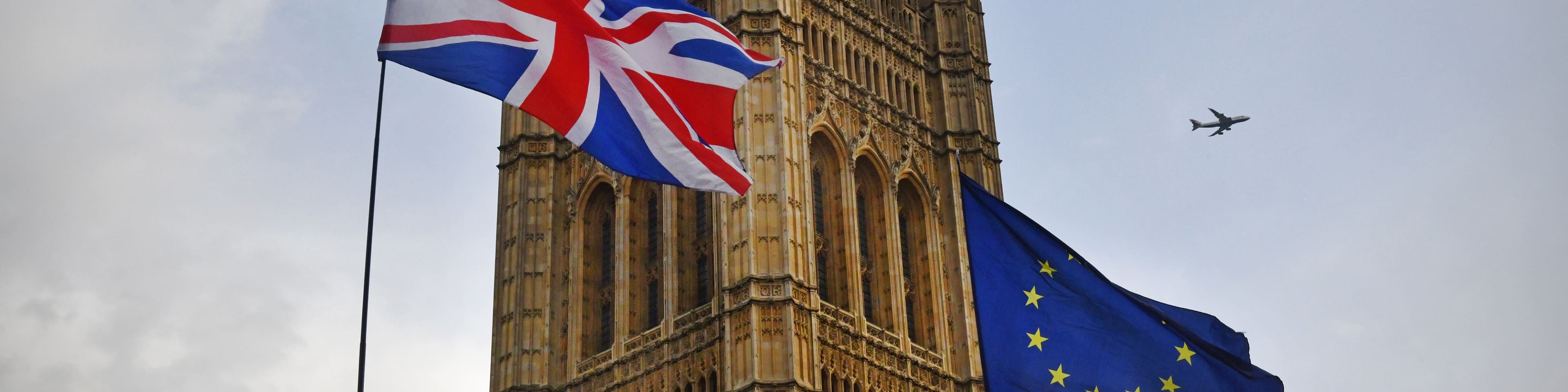 Protestors flags of United Kingdom and European Union outside Parliament in Westminster during the Brexit debates.