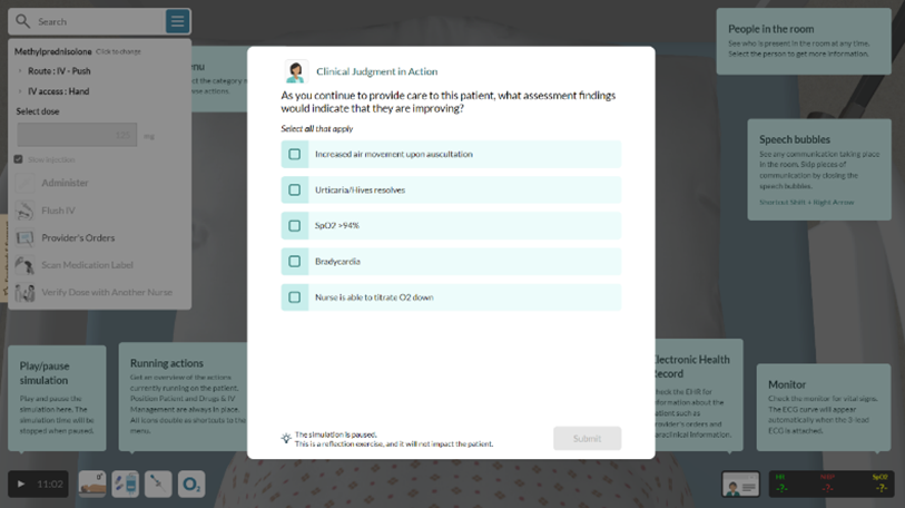 A screenshot of Clinical Judgment in Action for vSim for Nursing illustrating a quiz designed to help students develop clinical decision-making skills.