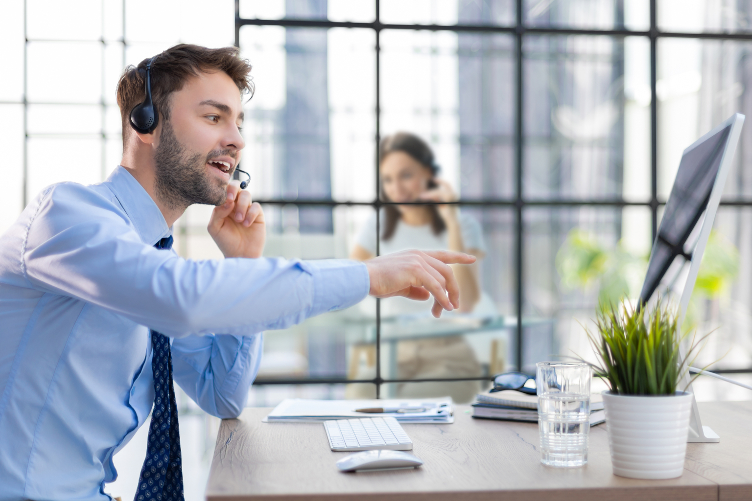 male support operator in headset