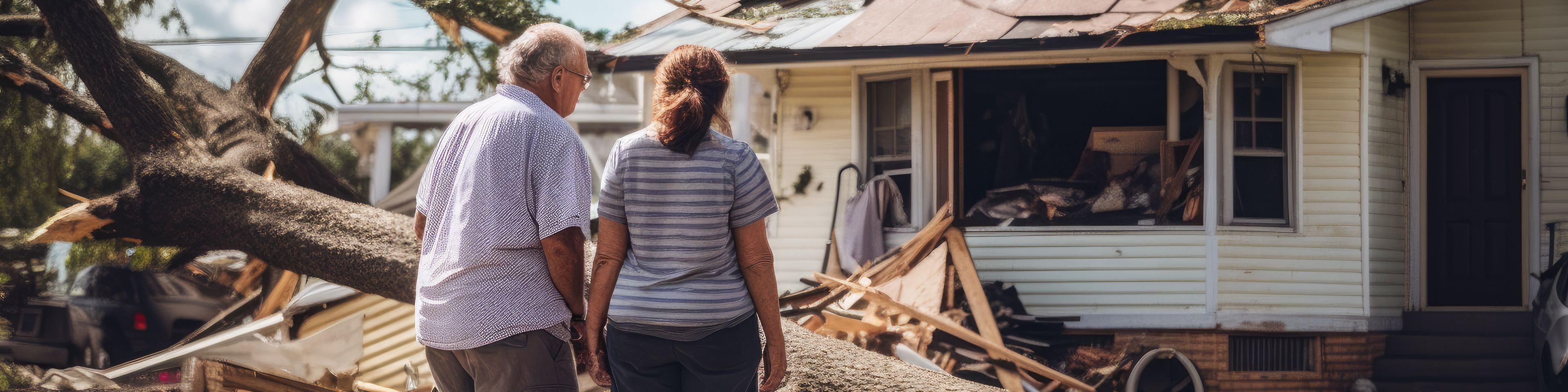 An elderly couple looks at their damaged home after a storm