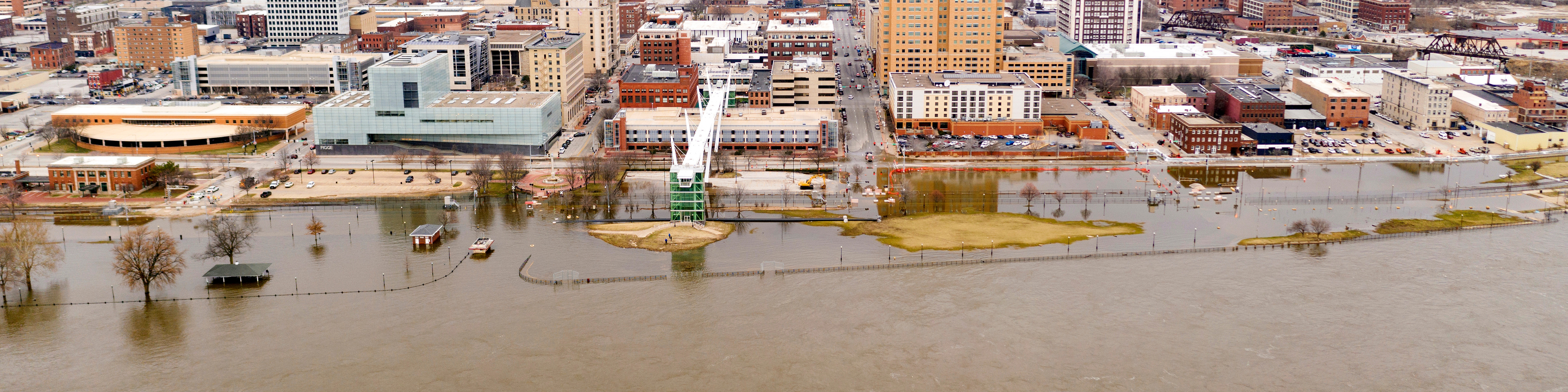 Aerial View Davenport Iowa Waterfront Mississippi River Flooding