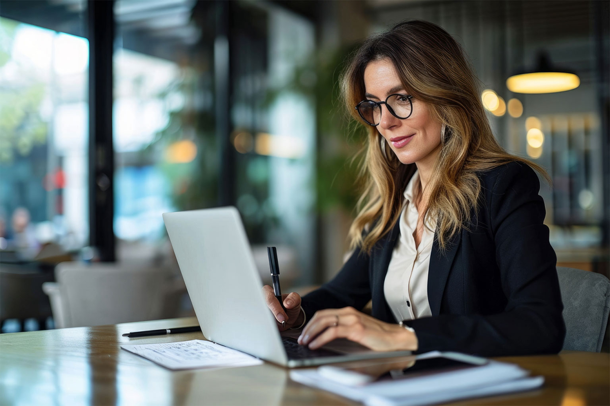 Busy mature mid aged business woman professional in her 40s writing notes finance report overview, lawyer checking document, working on laptop computer device sitting at desk in office