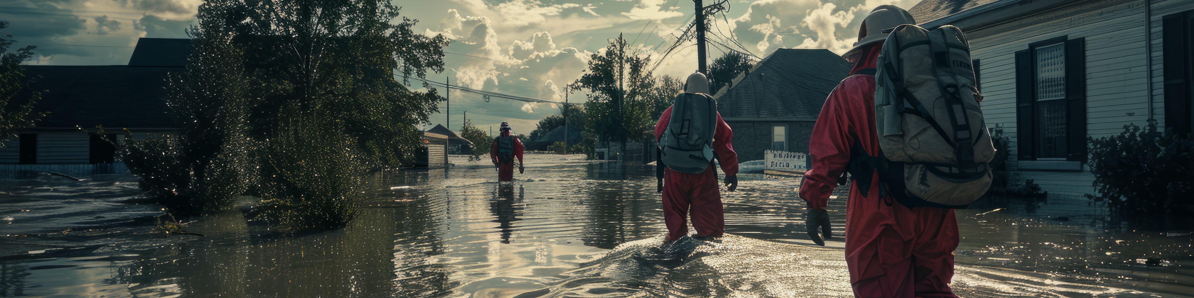 A disaster response team walks through floodwaters in a residential area