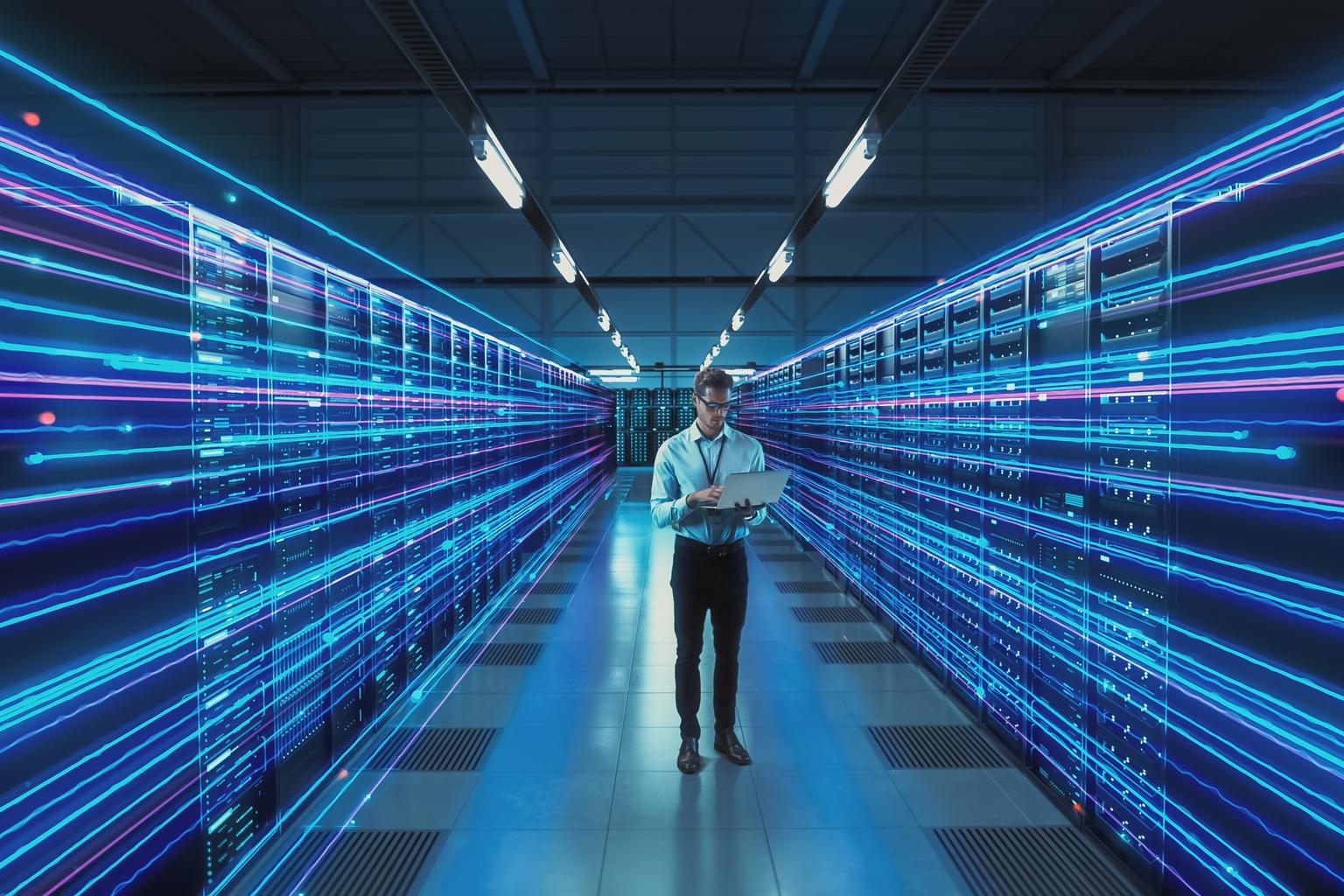 Futuristic Concept: Data Center Chief Technology Officer Holding Laptop, Standing In Warehouse, Information Digitalization Lines Streaming Through Servers. SAAS, Cloud Storage, Online Service