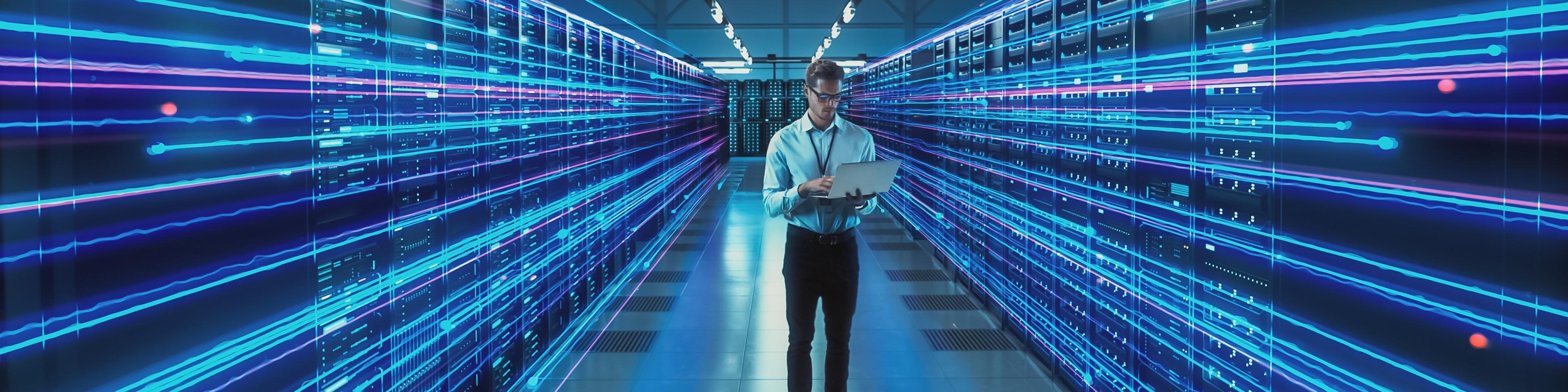 Futuristic Concept: Data Center Chief Technology Officer Holding Laptop, Standing In Warehouse, Information Digitalization Lines Streaming Through Servers. SAAS, Cloud Storage, Online Service