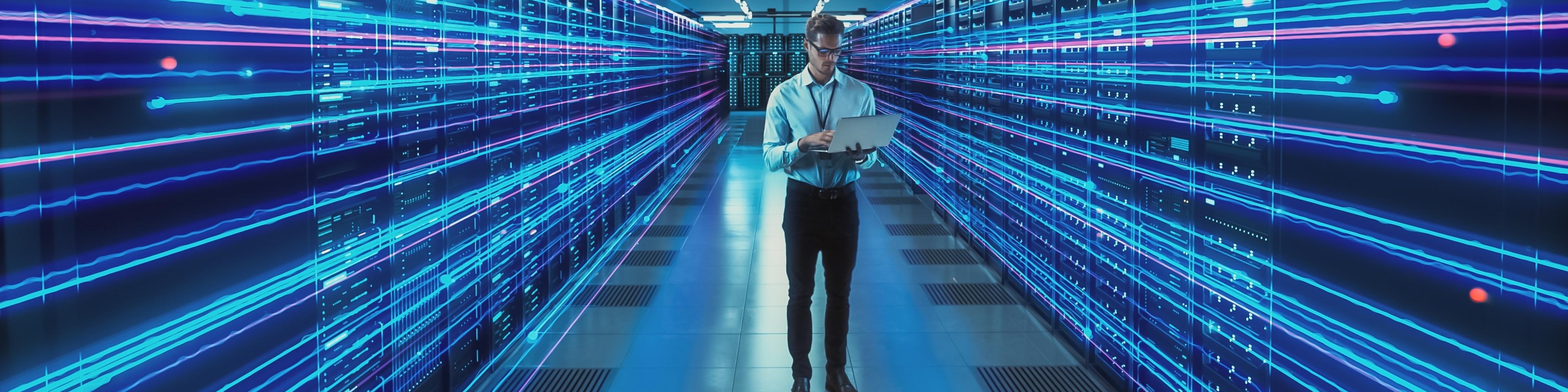 Futuristic Concept: Data Center Chief Technology Officer Holding Laptop, Standing In Warehouse, Information Digitalization Lines Streaming Through Servers. SAAS, Cloud Storage, Online Service