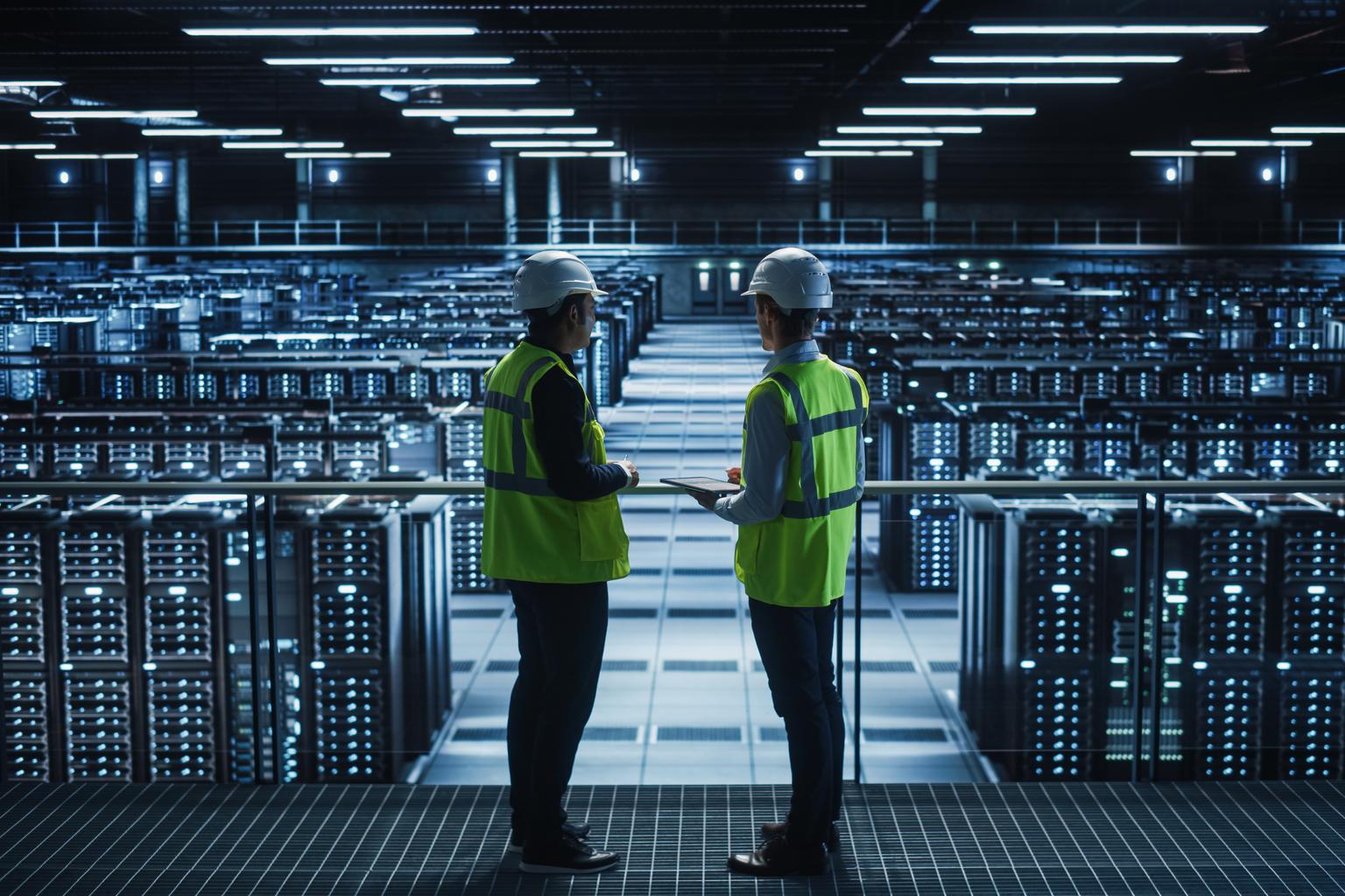 Data Center IT Specialist and System administrator Talk, Use Tablet Computer, Wearing Safety West. Server Cloud Farm Facility with Two Information Technology Engineers checking Cyber Security.