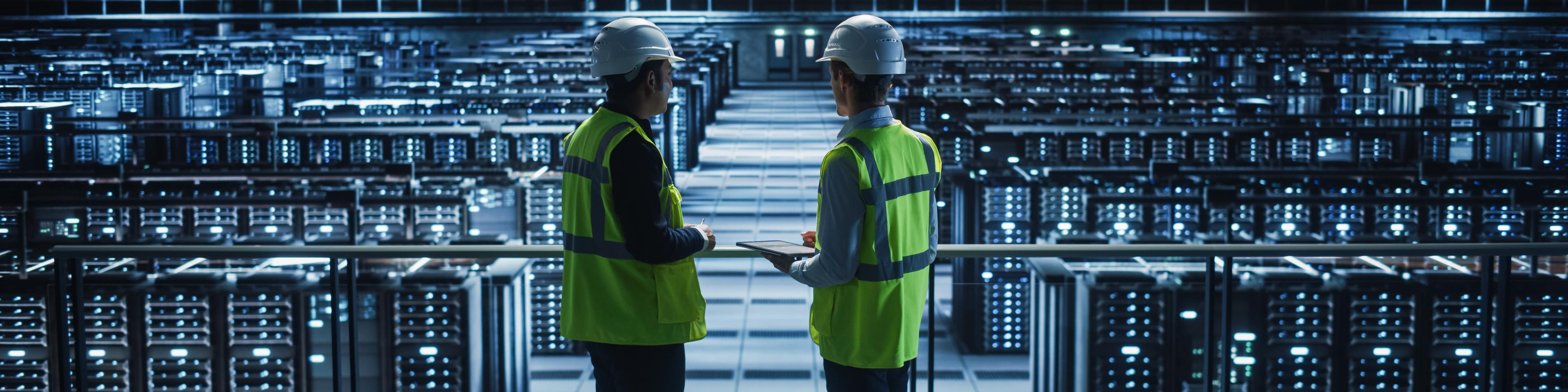 Data Center IT Specialist and System administrator Talk, Use Tablet Computer, Wearing Safety West. Server Cloud Farm Facility with Two Information Technology Engineers checking Cyber Security.