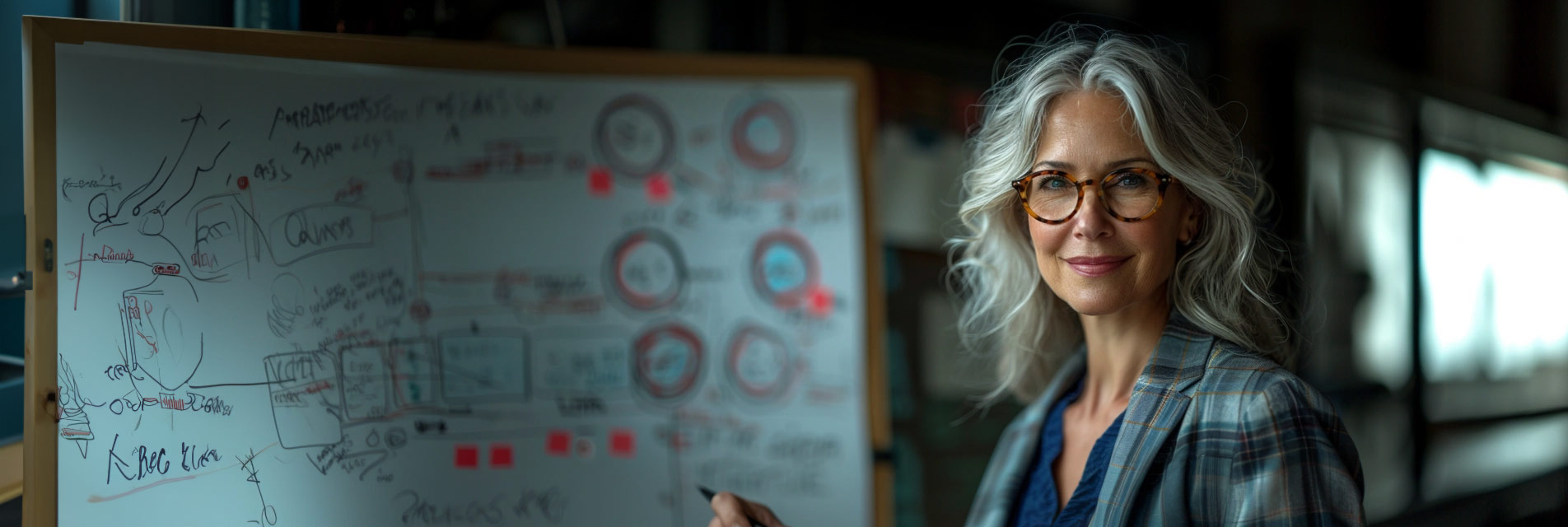 a woman smiling in front of a whiteboard