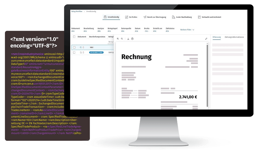 Darstellung zeigt einen XML-Datensatz und die optische Darstellung einer X-Rechnung