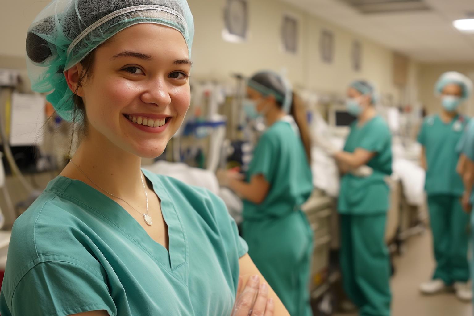 Nursing student wearing green scrubs during clinicals