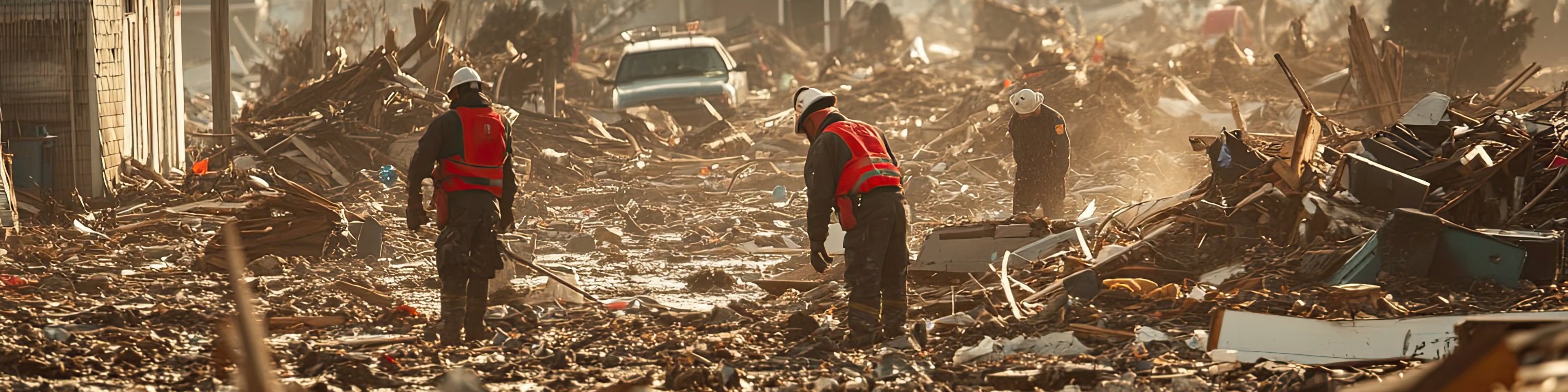 Three Rescue Workers Survey the Aftermath of a Tornado