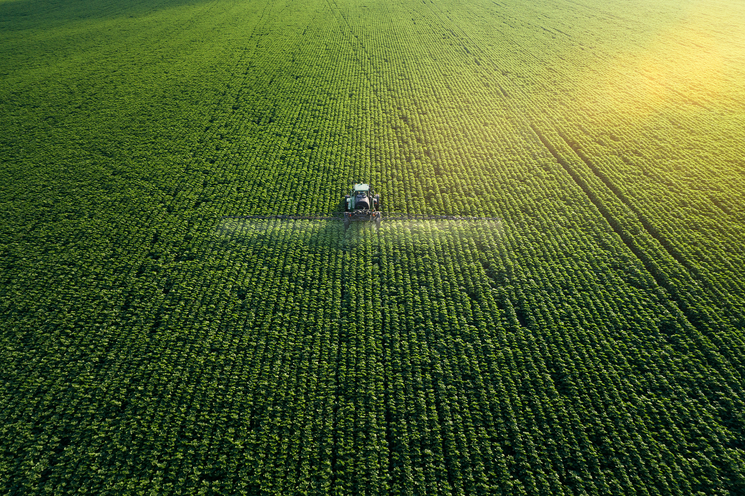 Taking care of the Crop. Aerial view of a Tractor fertilizing a cultivated agricultural field.