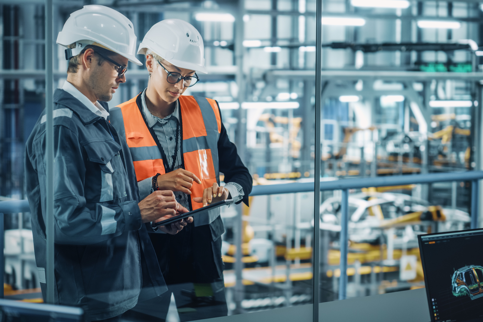 Male Engineer and Female Industrial Product Designer Discuss Work while Using Tablet in Office at a Car Assembly Plant. Industrial Specialists Working on Vehicle Design in Technological Factory.