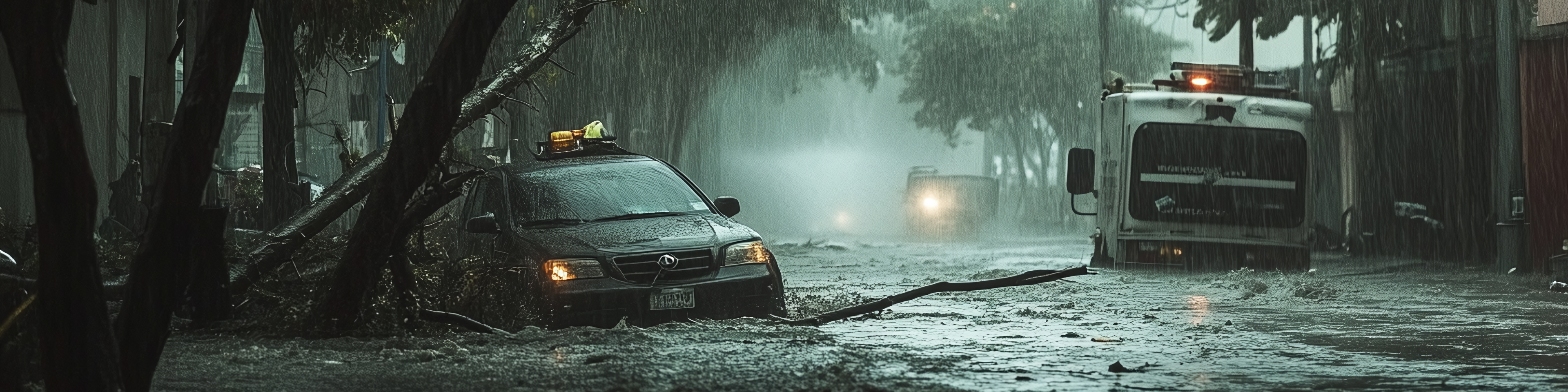 Strong winds uprooting trees and heavy rain flooding streets