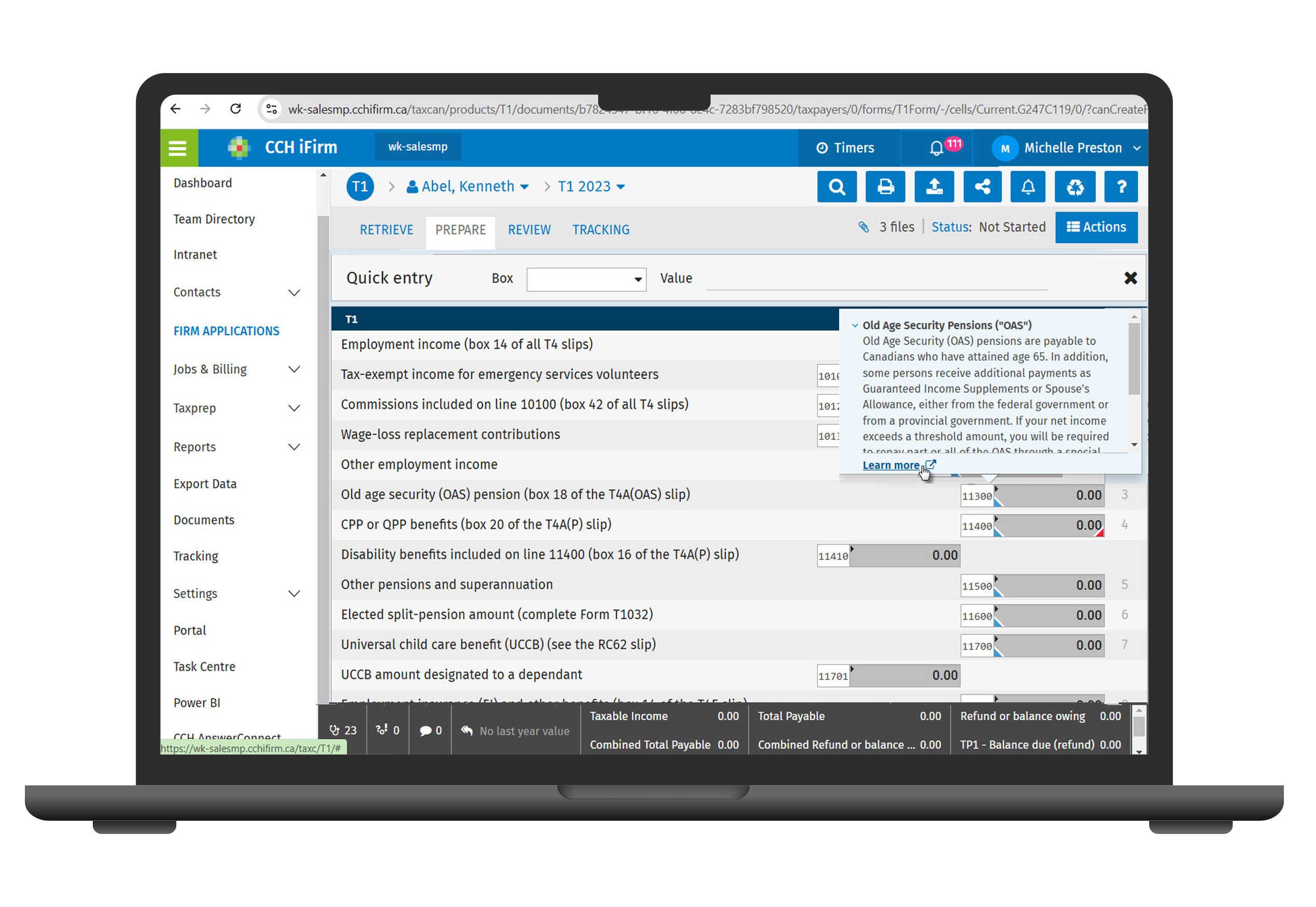 Laptop showing CCH AnswerConnect integration with CCH iFirm 