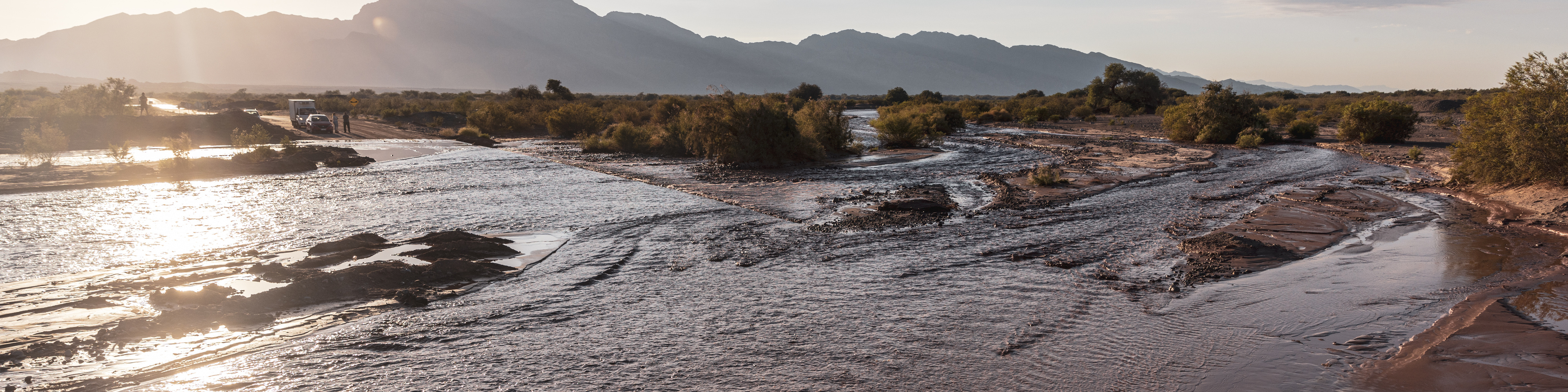 A flooded road in the desert