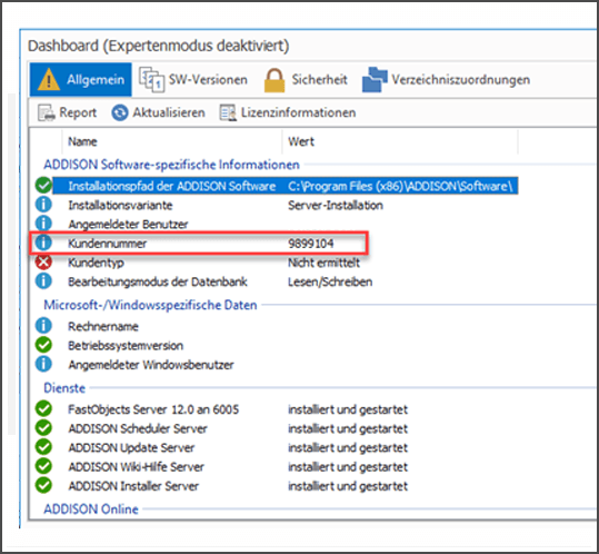 Screenshot ADDISON Kundennummer in Systeminformationen