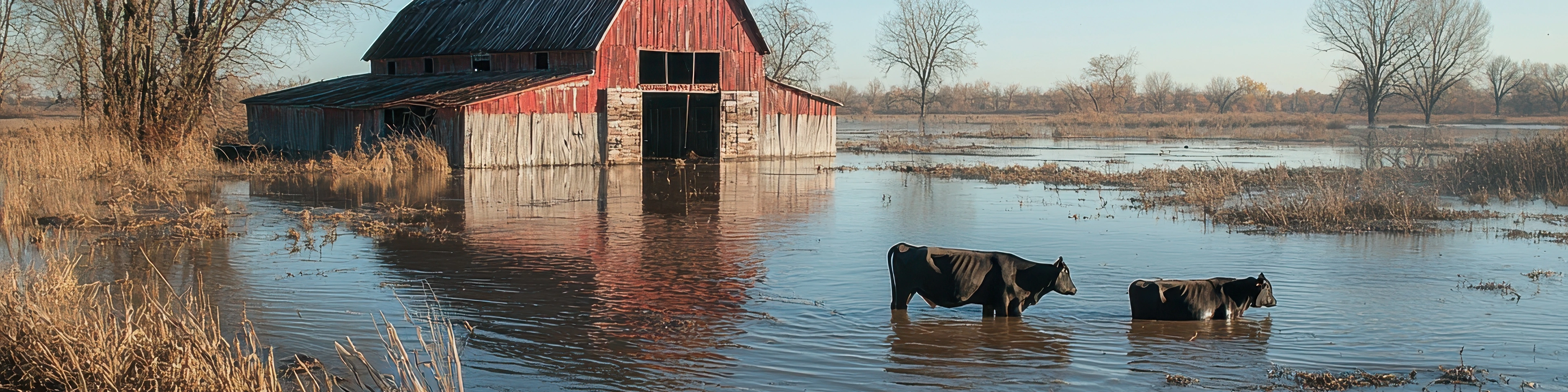 Cows wading through a flooded farm near a red barn