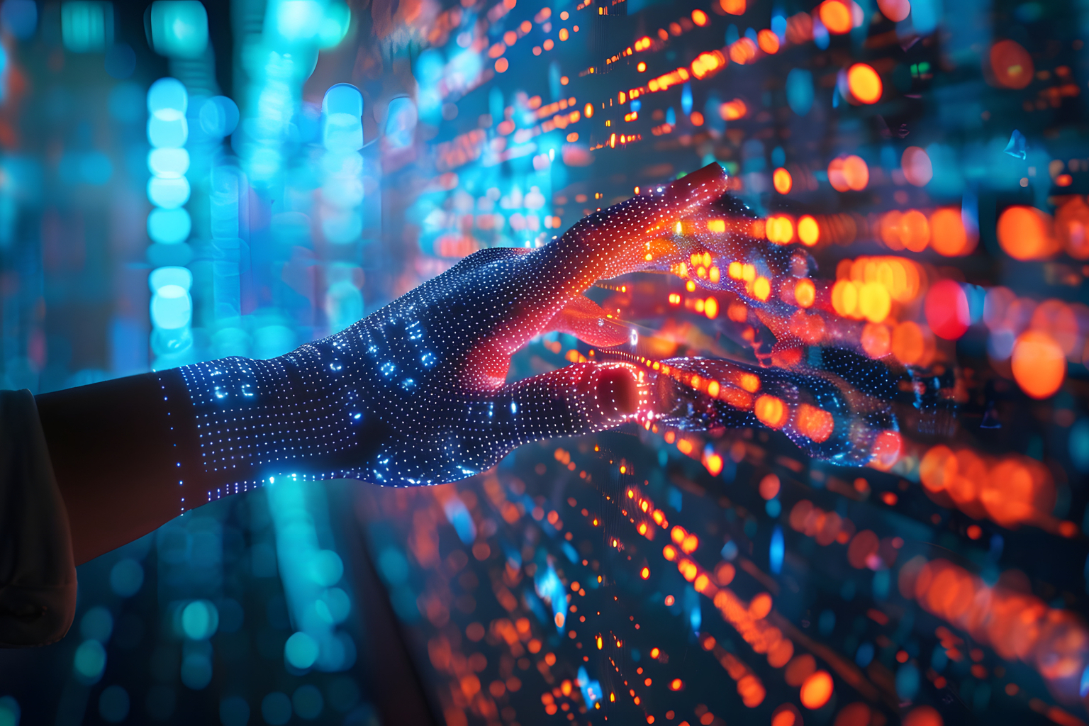 Hand covered in structured light pattern reaching towards wall of lights reflected