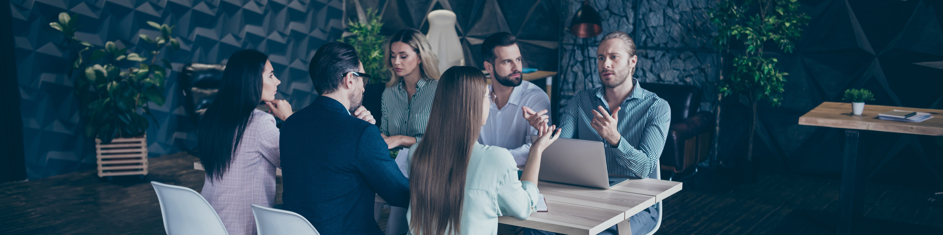 Men and women having discussion around table