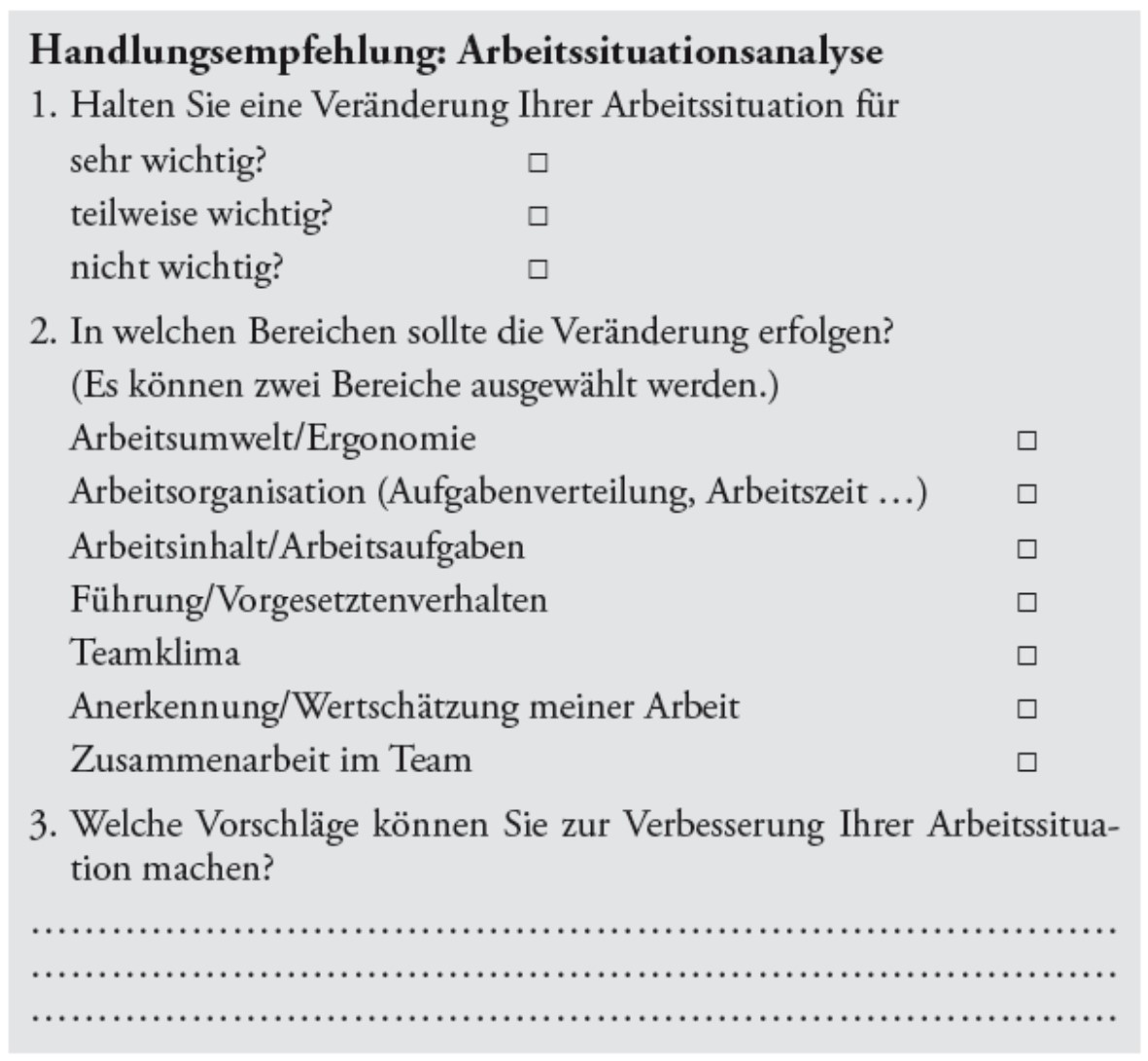 Handlungsempfehlung: Arbeitssituationsanalyse (Screenshot)