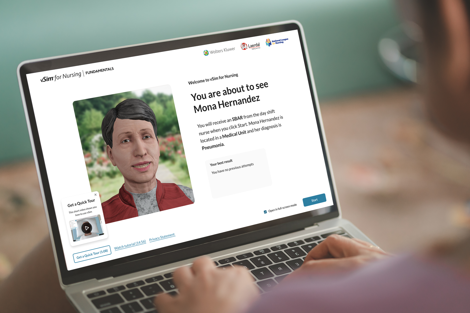 vSim for Nursing on a laptop showing patient scenario