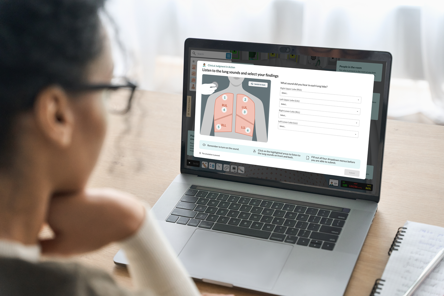 vSim for Nursing on a laptop showing auscultation lung sound feature