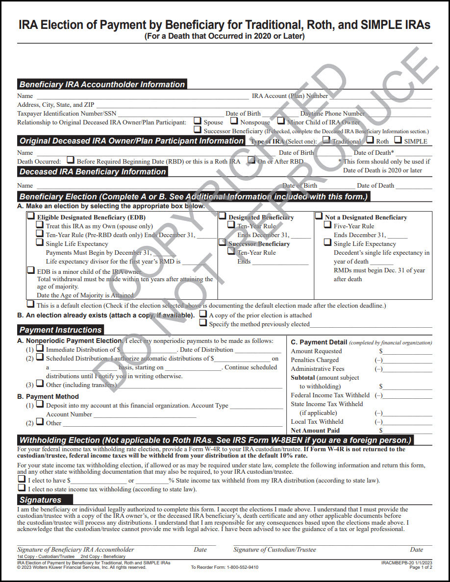 IRA Election of Payment by Beneficiary for Traditional, Roth and SIMPLE IRAs, IRACMBEPB-20