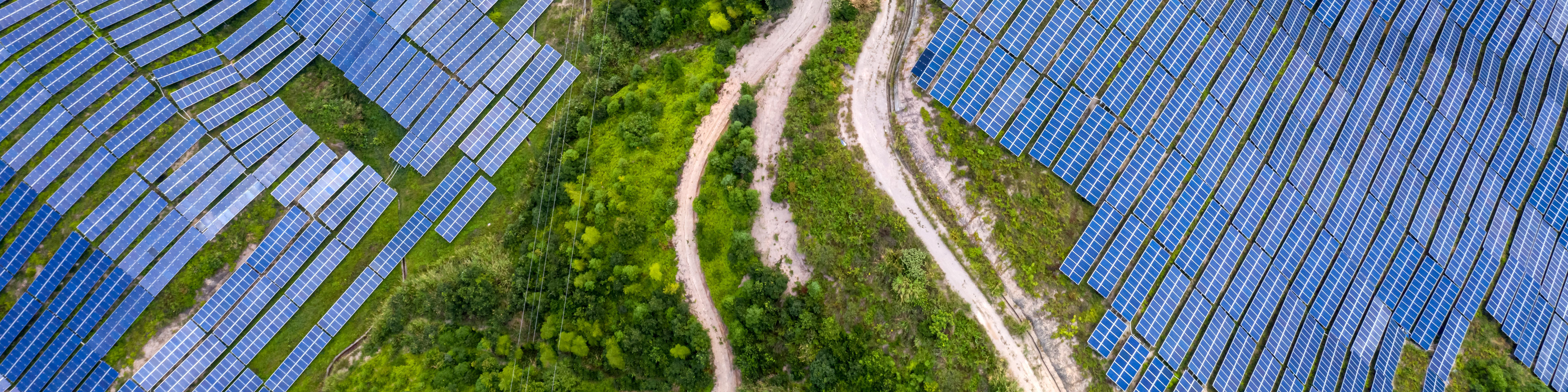 Aerial view of the photovoltaic solar power plant on the top of the mountain