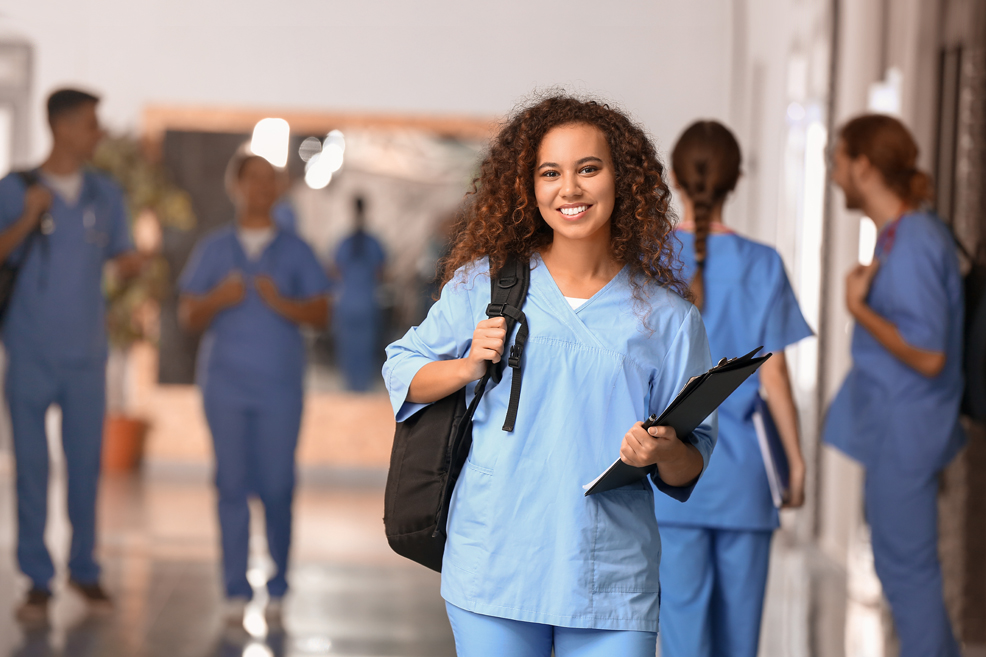 African-American student in corridor of medical university