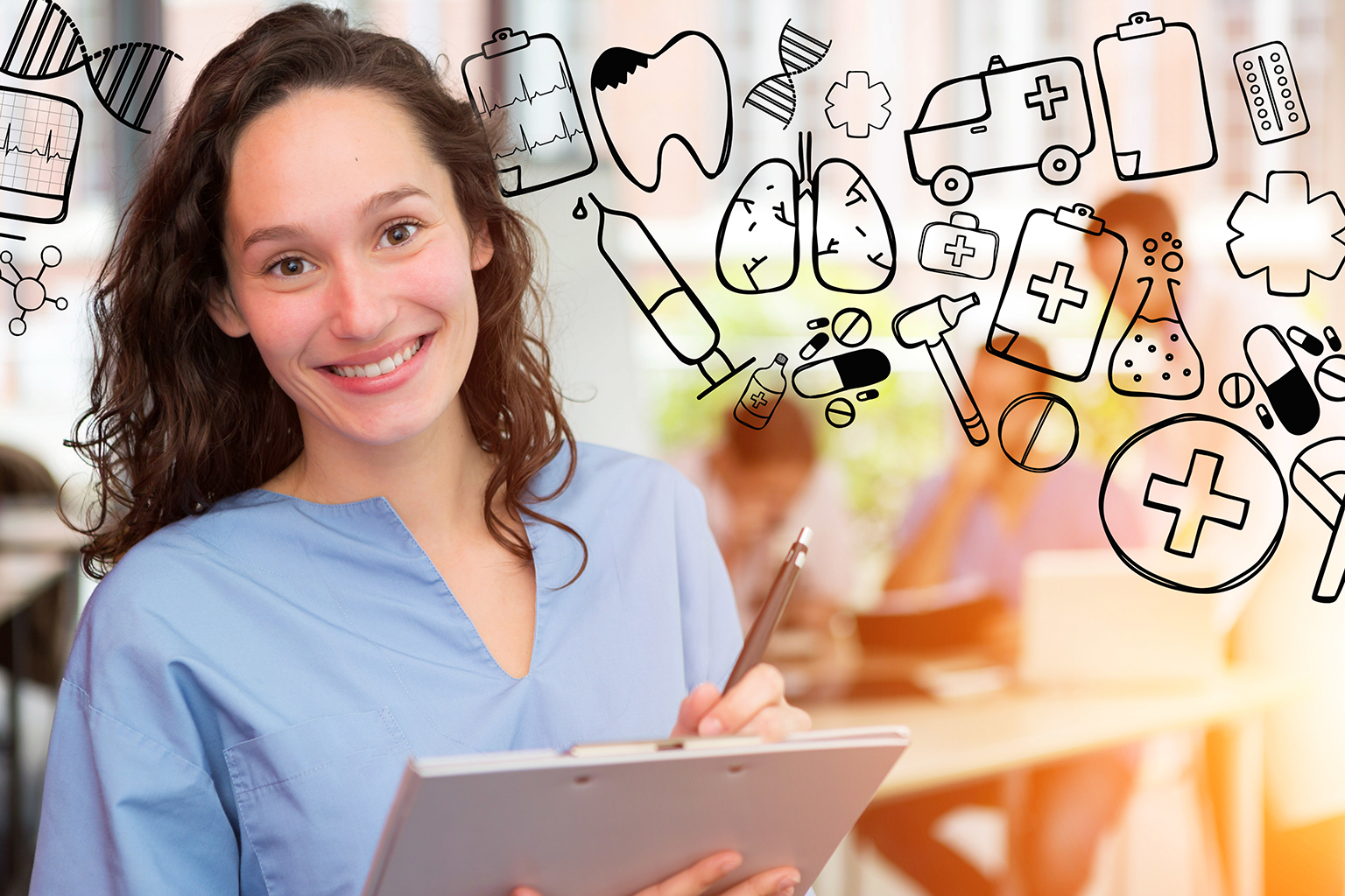 Nursing student working on a tablet with health-related icons floating around her head