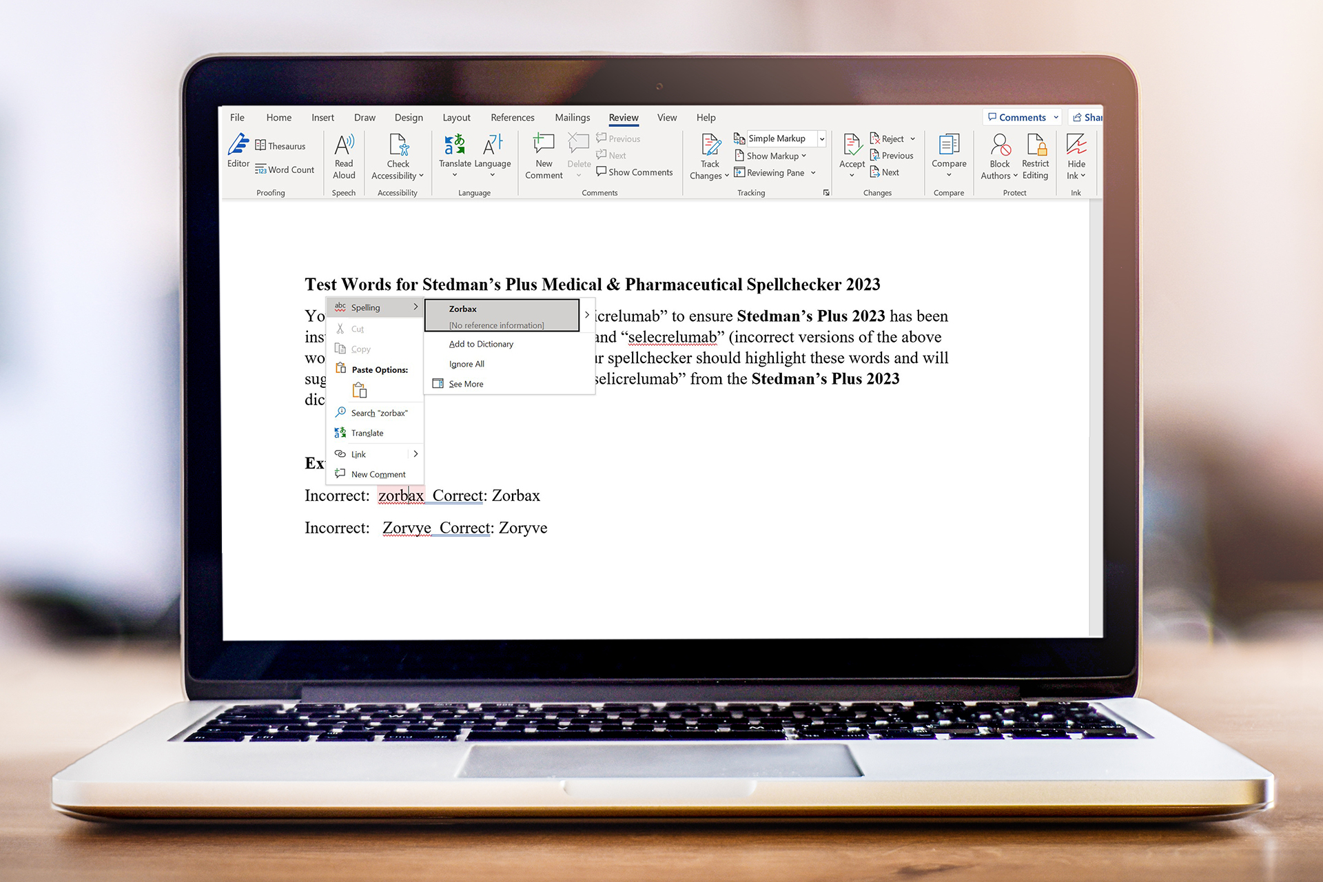 Standardized medical abbreviations and terminology for medical equipment, surgical procedures, diagnostic tests, trade, generic, OTC drug names, and correctly spelled medical, pharmaceutical, and bioscience terms from Stedman's Plus Medical and Pharmaceutical Spellchecker viewed on a laptop.