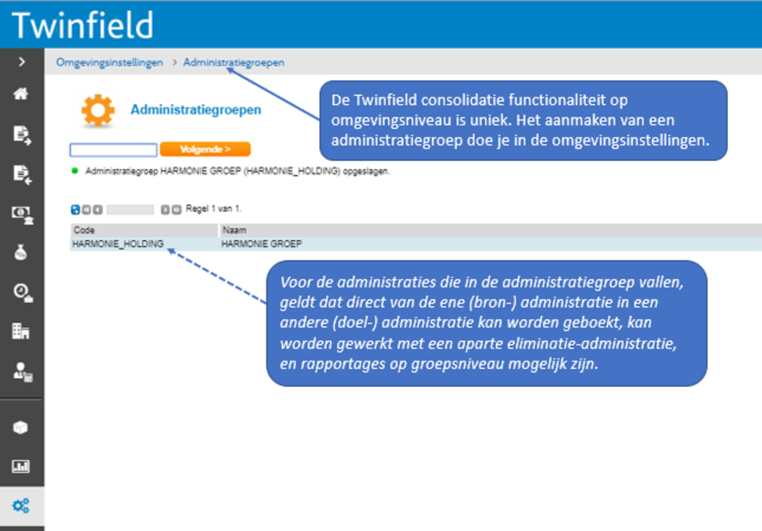 Screenshot van Twinfield dashboard over consolidatie